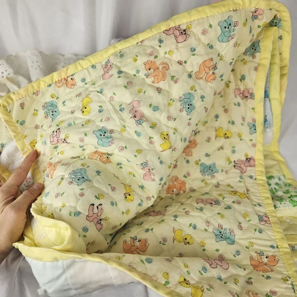 Vintage Baby Girl Handmade Patchwork Blanket & Pillow Set Nursery Crib, Bunnies